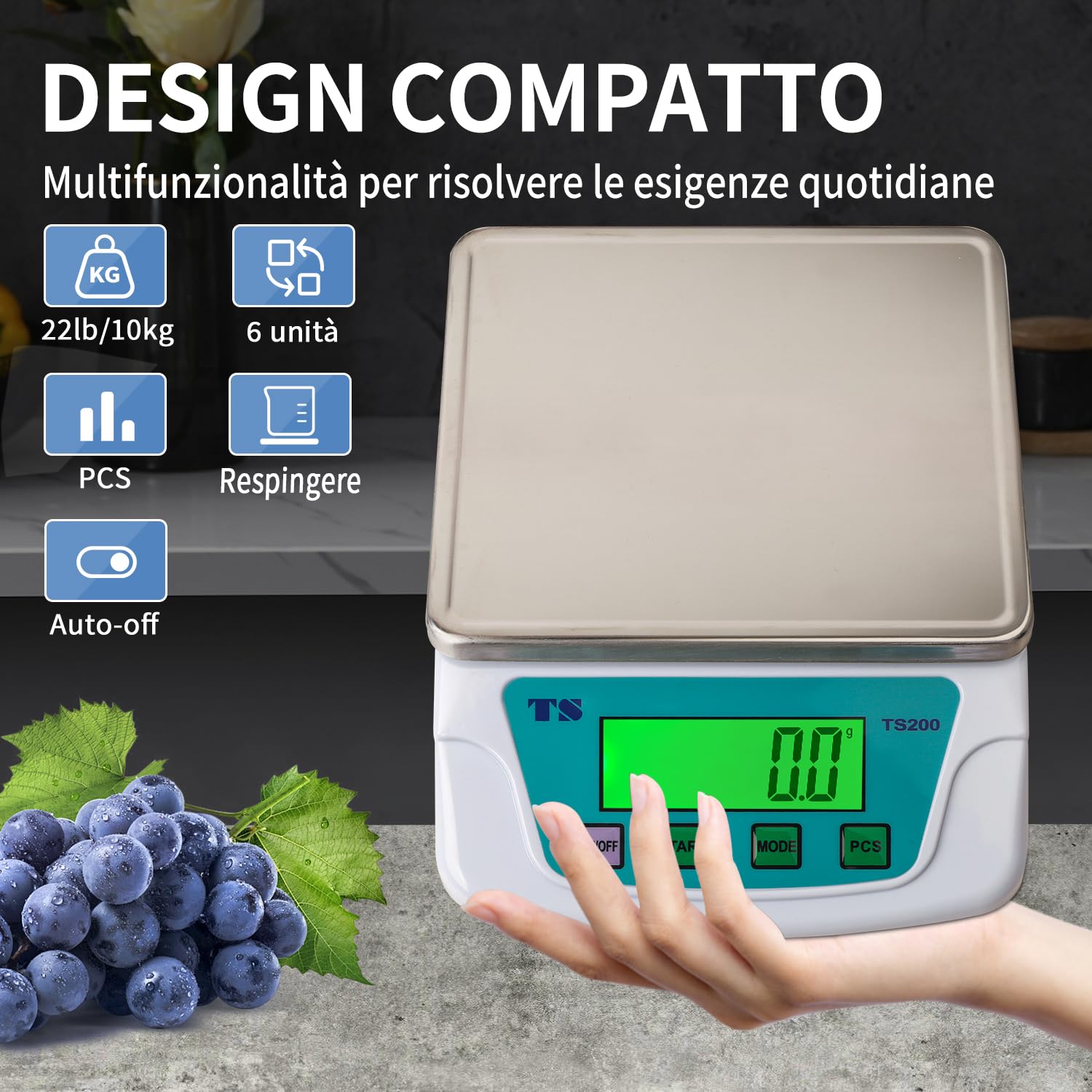 Bilancia Cucina Digitale,22lb/10kg,6 Unità Di Pesatura,bilancia Professionale 0,2g,Piatto Di Pesatura In Acciaio Inossidabile Per Uso Alimentare 304 Display Lcd,Funzione Tara Batterie Incluse