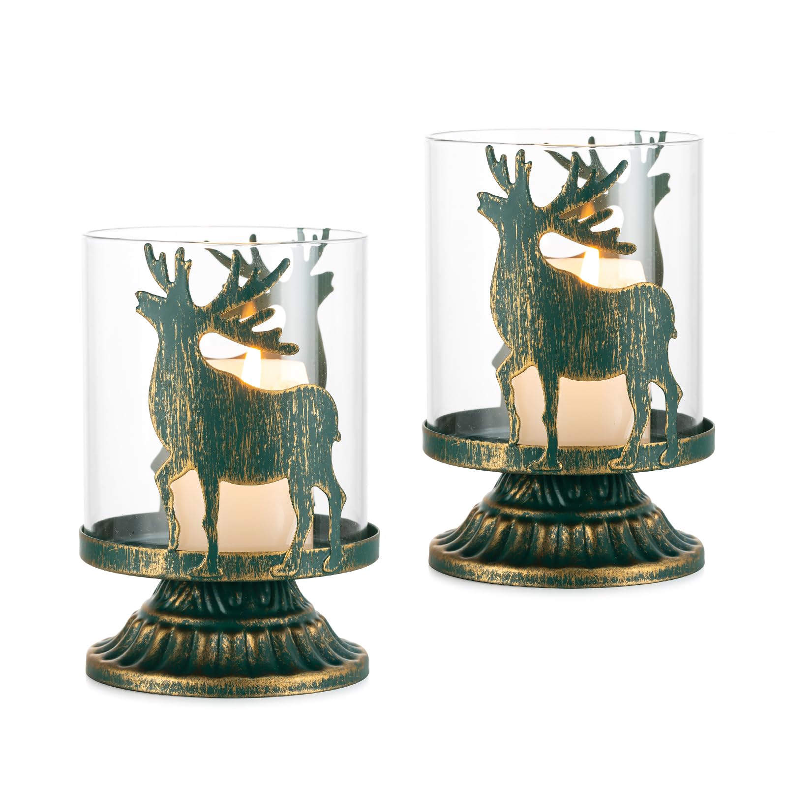 Candeldo Juego de 2 portavelas, decoración navideña, juego de 2 portavelas de metal, decoración vintage, casa de campo, decoración para mesa, ventana, salón (verde)