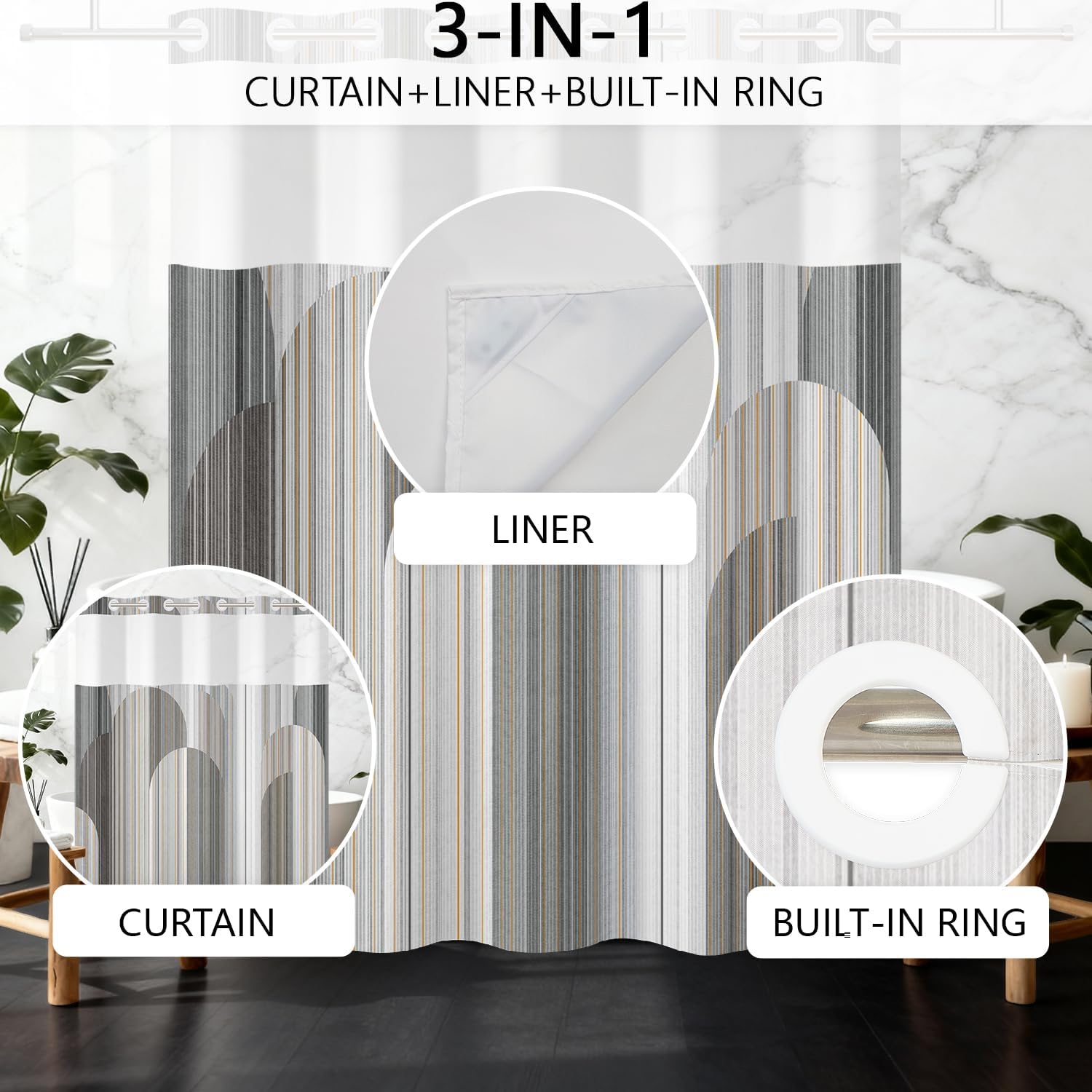 No Hook Shower Curtain with Snap in Fabric Liner Set - Gray Modern Geometric Arch Pattern, Waterproof Shower Curtains for Bathroom Hotel with See Through Top Window, 71x74 Inches