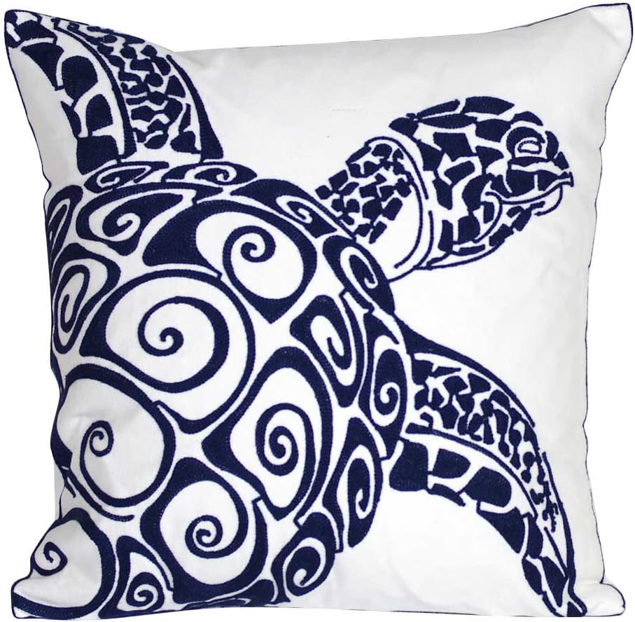 Embroidered Cute Nautical Animal Pillow Cover,Square 18 Inches Decorative Canvas Pillow Cover for Nautical Style Deco by (Navy-Sea Turtle)
