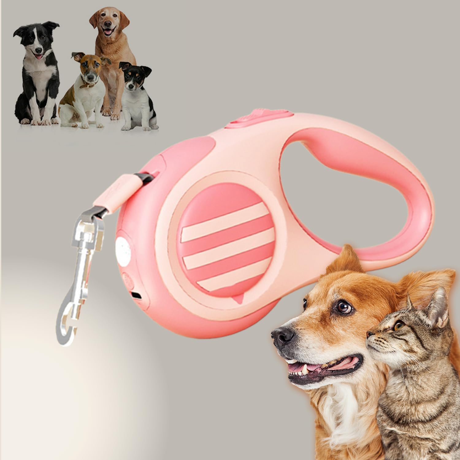 Retractable Dog Leash with Rechargeable LED Light, 16ft Dog Walk Leash for Small Medium and Large Dogs, Dog Retractable Leash with Strong Nylon Tape One-Button Control (Pink)