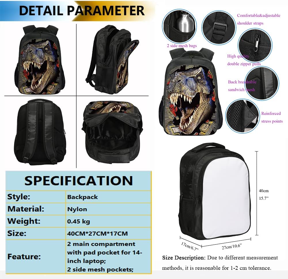 3 in 1 Dinosaur School Backpack Set for Kids Boys Rucksack Books Bag Girls Backpack with Lunch Bag and Pencil Case (Pattern 2), Medium - Image 2