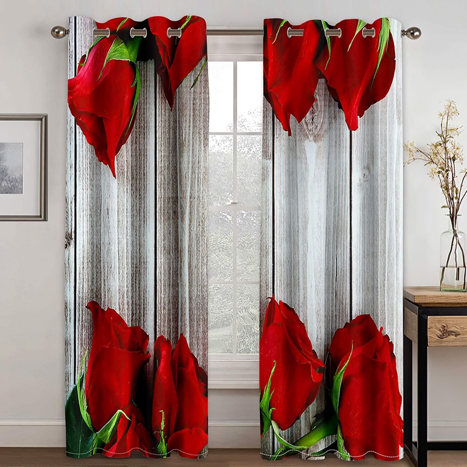 Gardine Blickdicht Verdunkelung 2er Set,2 x 137W x 229H cm,Ösen Gardinen Küche Holzbrett und Blumenmuster Gardine Vorhang Grau Rot Grün für Schlafzimmer