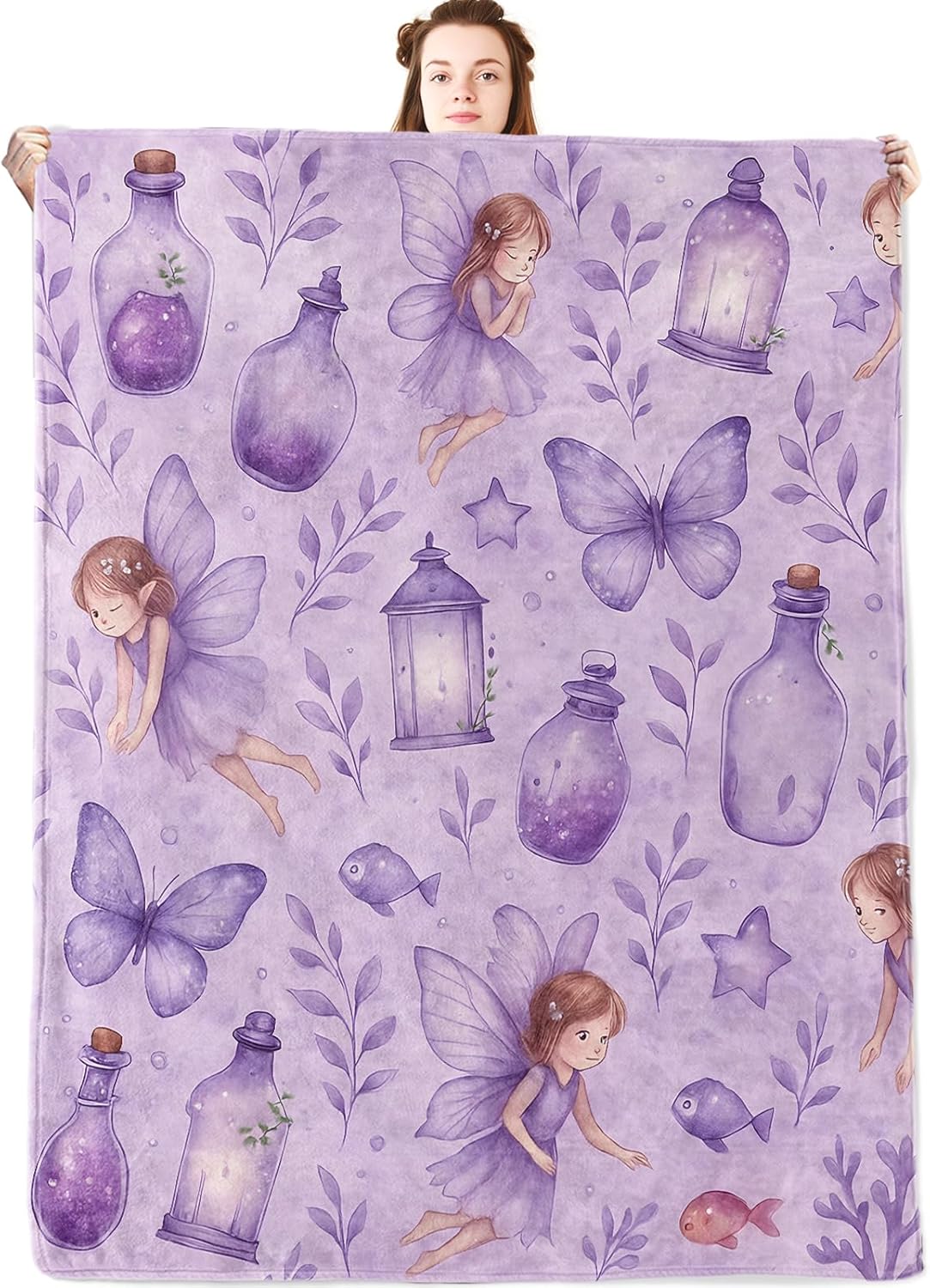 Dreamy Fairy Flannel Blanket,Purple Fantasy Design Throw with Cute Angel,Lantern,Bottle and Butterfly,Lightweight Fleece Blankets for Women Lover,Couch,Cabin,Bed,Camping Decor Gifts,60x50in