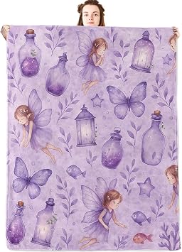 Dreamy Fairy Flannel Blanket,Purple Fantasy Design Throw with Cute Angel,Lantern,Bottle and Butterfly,Lightweight Fleece Blankets for Women Lover,Couch,Cabin,Bed,Camping Decor Gifts,60x50in