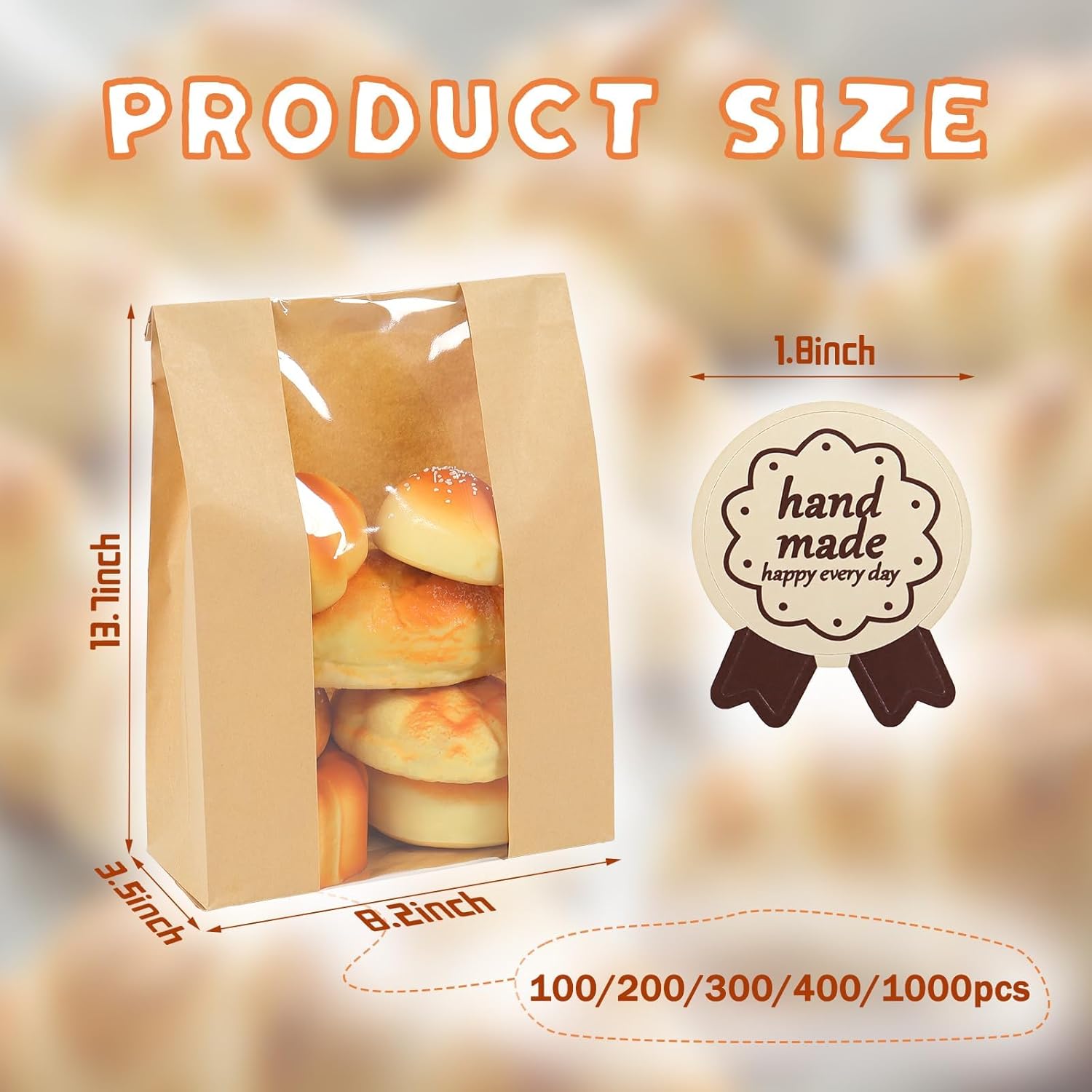 1000 Packs Paper Bread Bags for Homemade, Sourdough Bread Bags with Clear Window Includes Label Seal 1000 Pcs Stickers, Bakery Packaging Storage for Cookies Snack (13.7x8.2x3.5 inch)