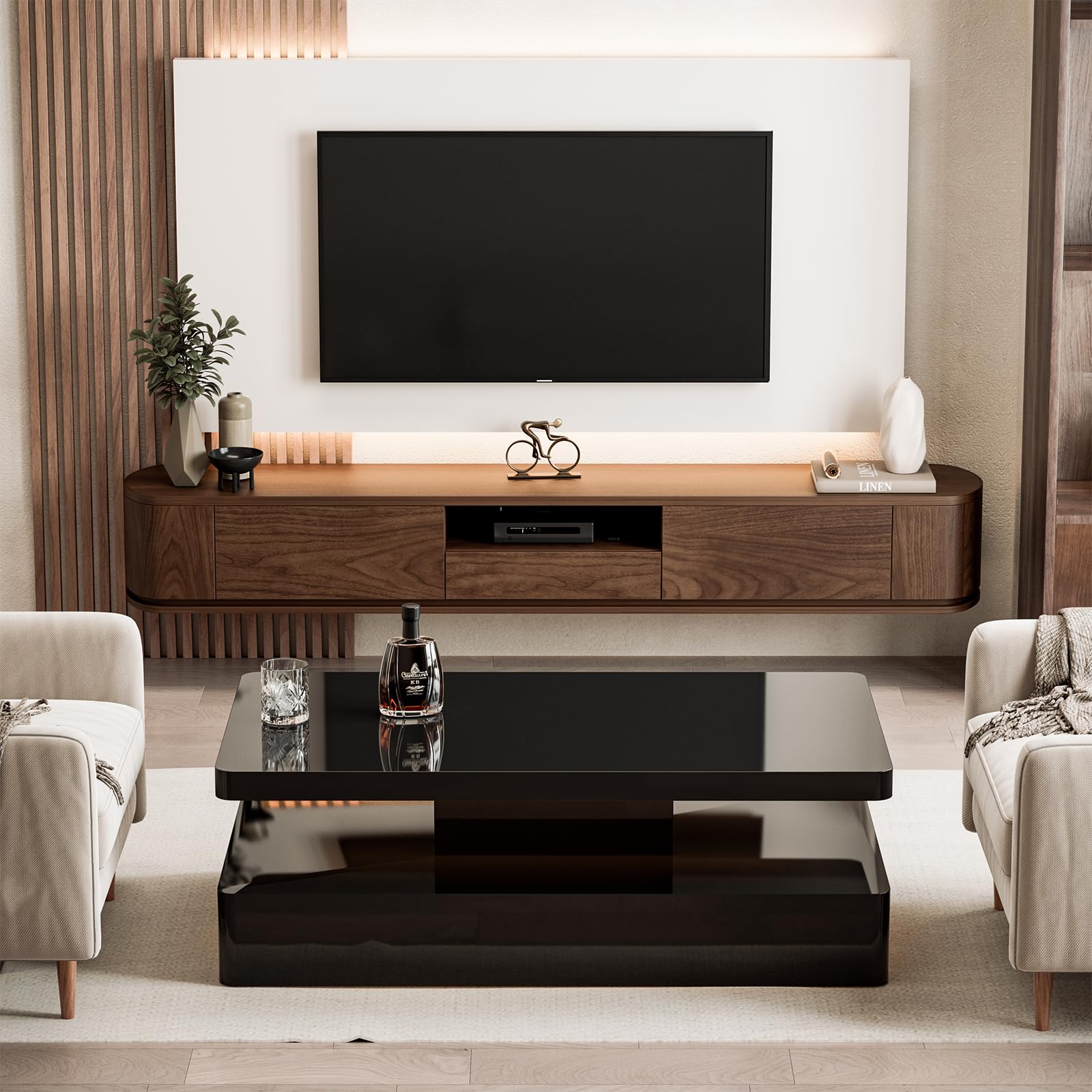 IKIFLY Moderner Schwebender TV-Schrank, Wandmontiertes Unterhaltungsmöbel Mit Schubladen und Zwei Schränken, Walnuss,180cm