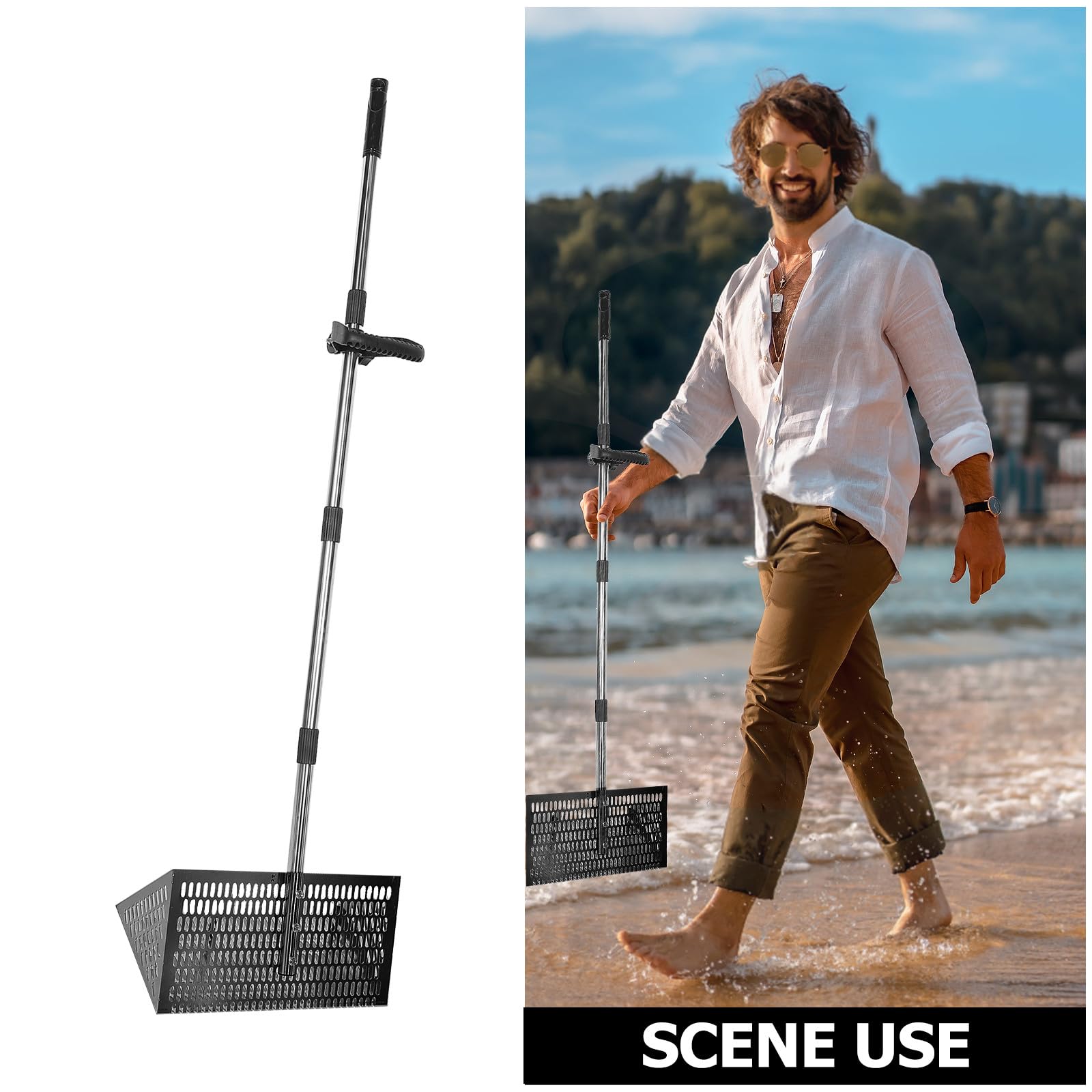 SEWACC Pala de Malla de Acero al Carbono Portátil Diseño Desmontable para Tamizar Arena y Buscar Objetos la Playa en Fiestas y Excursiones