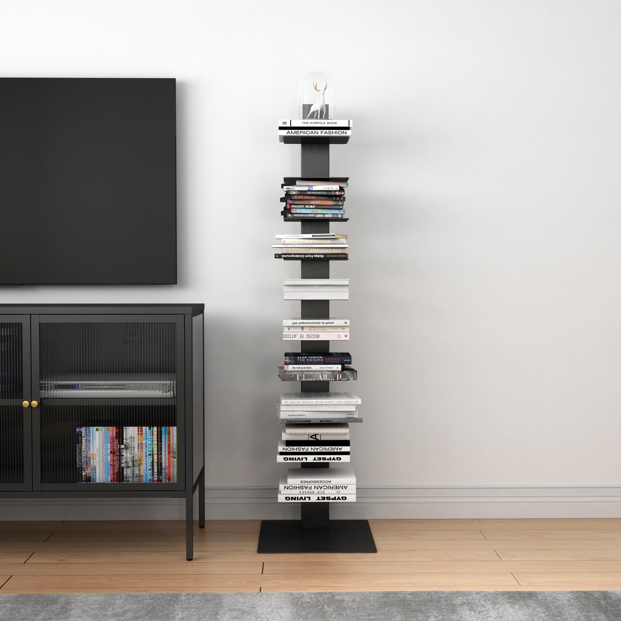 [en.casa] Bibliothèque Autoportante avec 10 Étagères pour CD DVD Livres Meuble de Rangement Polyvalente Design pour Salon Chambre Bureau Acier 150 x 39 x 39 cm Noir Mat