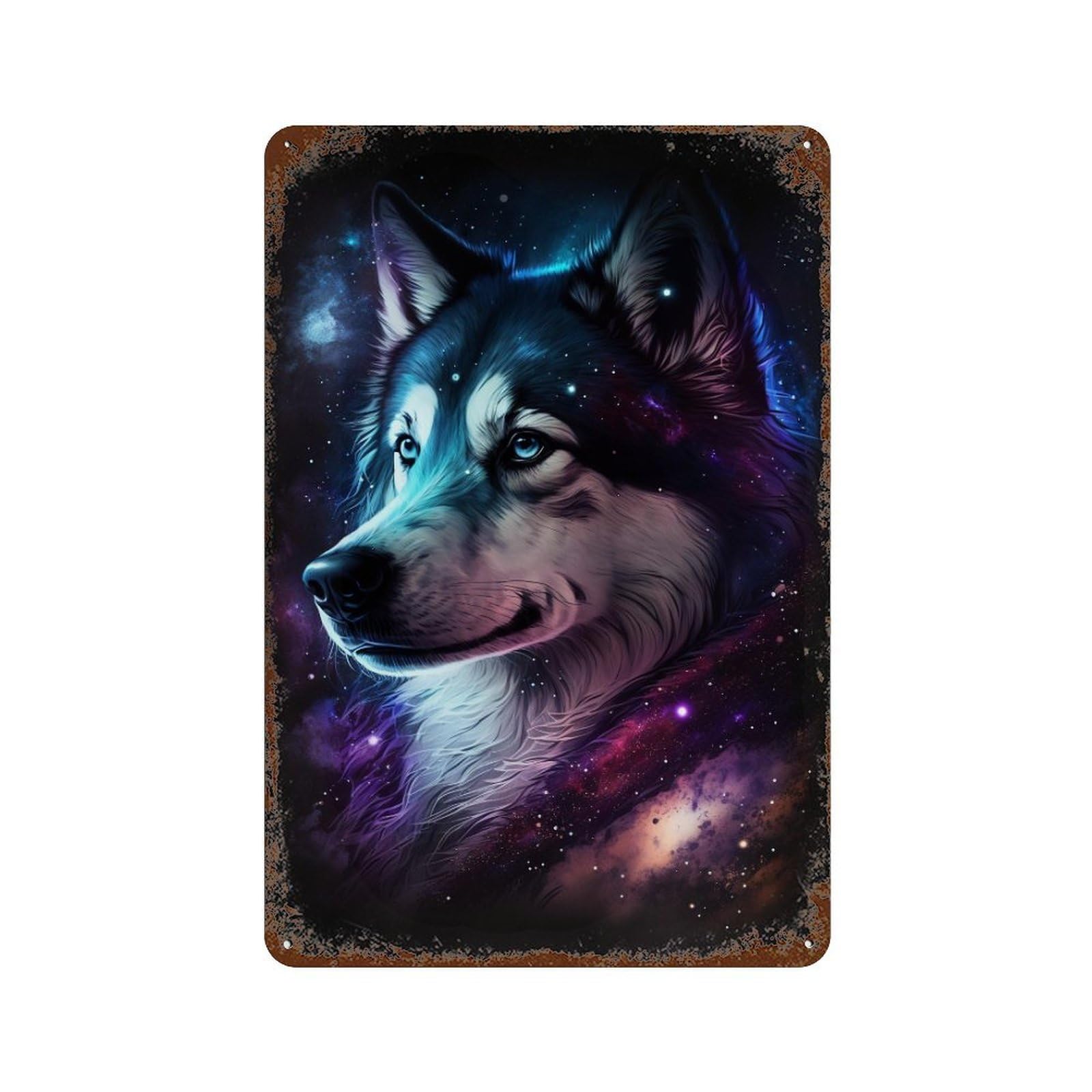 Decorative Tin Sign with Galactic Wolf Portrait -33 Design 11.8"x7.9", for Basement, Hobby Room And Garage Decor, Rustic Home Decor