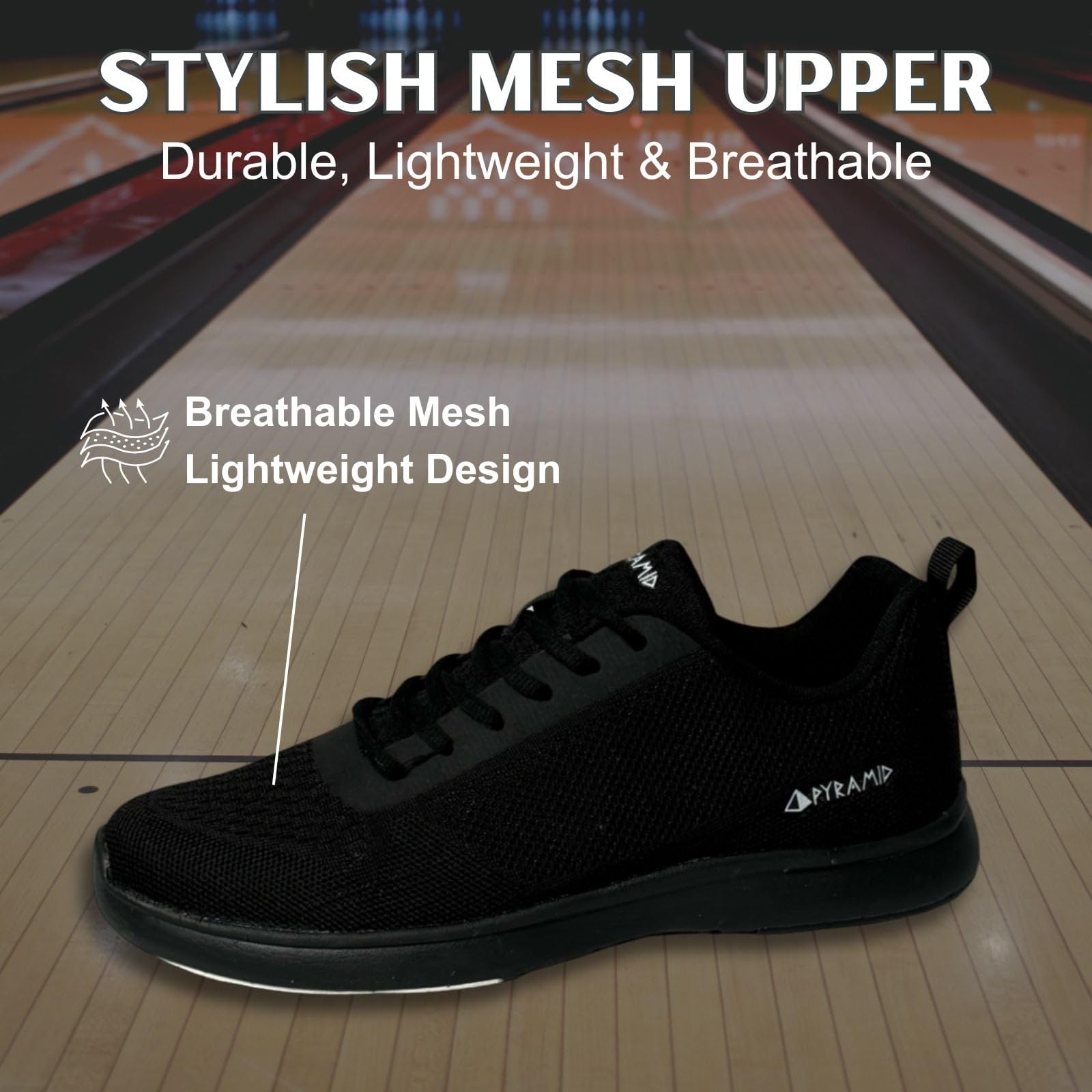 Pyramid Path Lite Scarpe da bowling da uomo in rete, design leggero senza cuciture, calzata atletica, tomaia in rete traspirante, suola universale per scivolare facilmente, nero, 42 EU