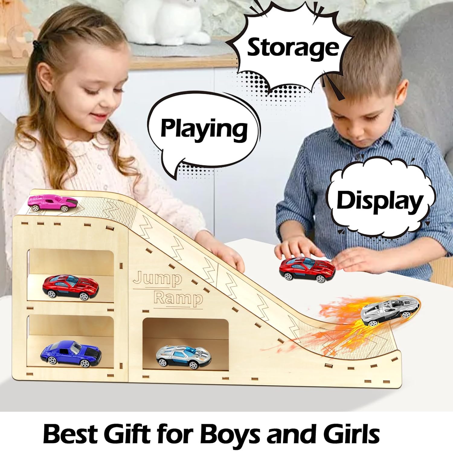 Wooden Toy Cars Jump Ramp, Toy Car Track Set for Hot Wheels, Race Cars Track for Hot Wheels and Diecast Cars, Wood Jump Ramp for Hotwheels, Playing Storage Display Race Set