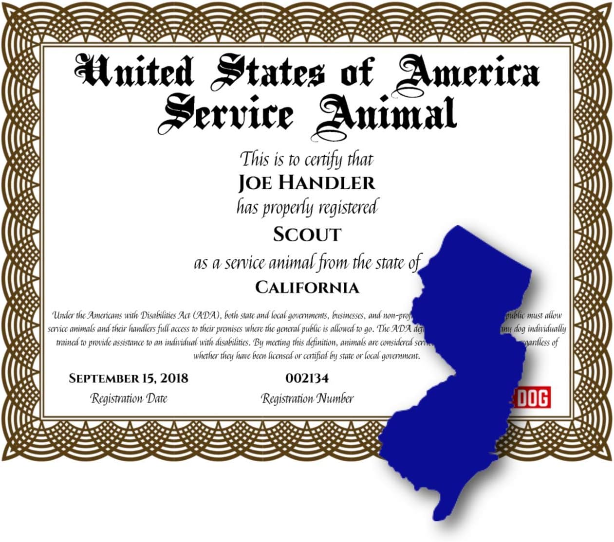 New Jersey Service Dog Digital & Printed Certificate