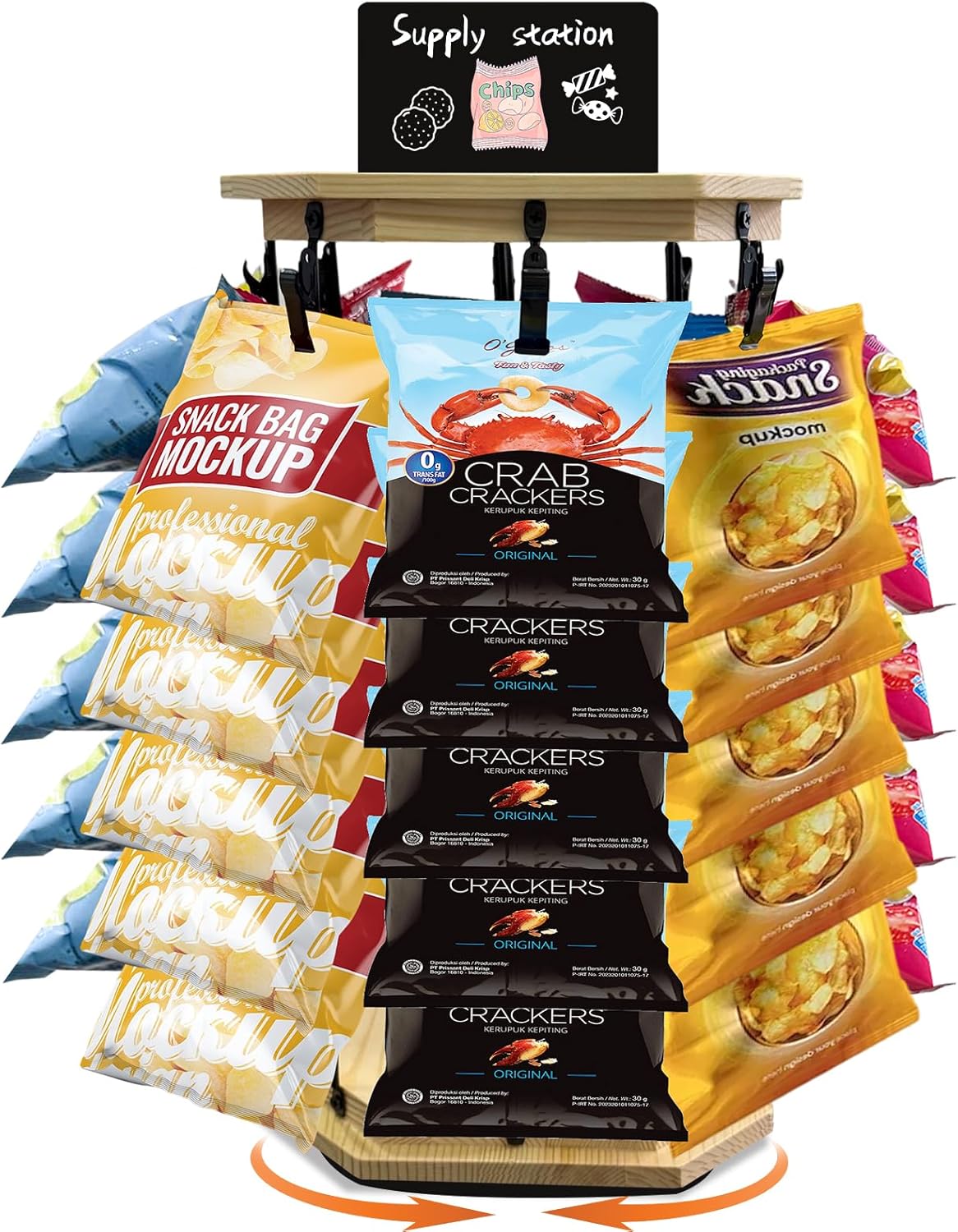 Chip Rack Display Stand 360° Rotating 5 Tiers 40 Clips Potato Chip Rack Bag Holder Retail Display Wooden Base Chip Display Stand for Concession Stand Countertop Party Store With Message Board (Octagon)