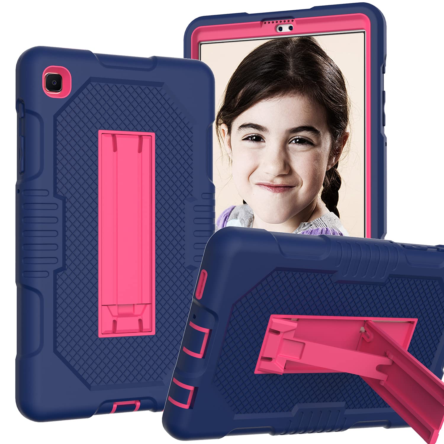 U/S HBS Case Compatible with Samsung Galaxy Tab A7 Lite 8.7 Tablet 2021 T220/T225,Resistant shockproof protection Silicone + PC 3-In-1 / Tough Armor/Support-NAVYBLUE+ROSERED