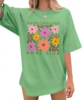 Women's Overstimulated Moms Club T-Shirt Vintage Floral Print Oversized Casual Tee Funny Mom Life Shirt