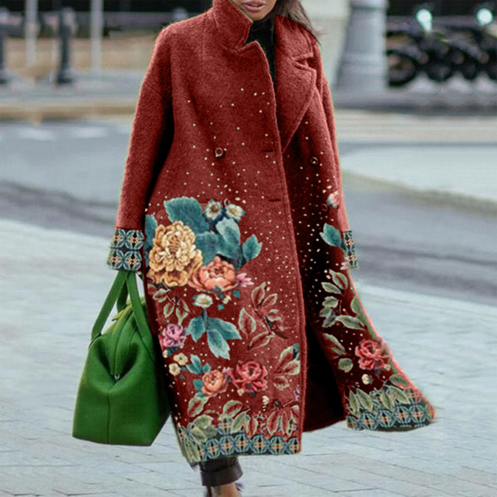Generisch Chaqueta de invierno para mujer, cálida chaqueta de tweed con estampado floral, cuello alto, abrigo de invierno, ropa de exterior, gabardina resistente al viento, chaqueta vintage con