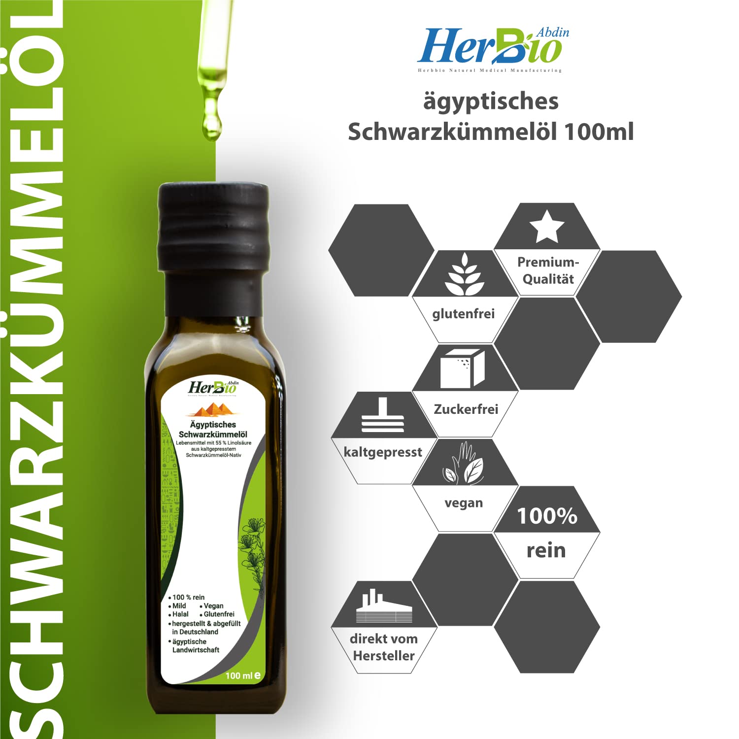 HerbBio ägyptisches Schwarzkümmelöl kaltgepresst gefiltert 100ml, schonend in Rohkostqualität, 100% naturrein Black seed oil, Frischegarantie: täglich mühlenfrisch direkt vom HerbBio. Lebensmittel & Getränke