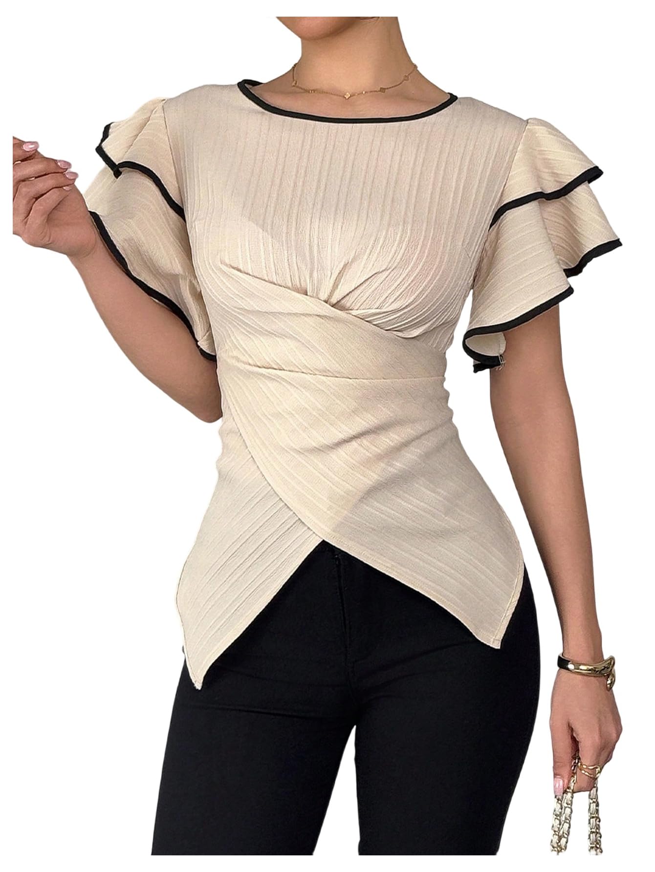 SOLY HUX Women's Summer Wrap Tie Back Blouse Ruffle Short Sleeve Crewneck Casual Going Out Tops