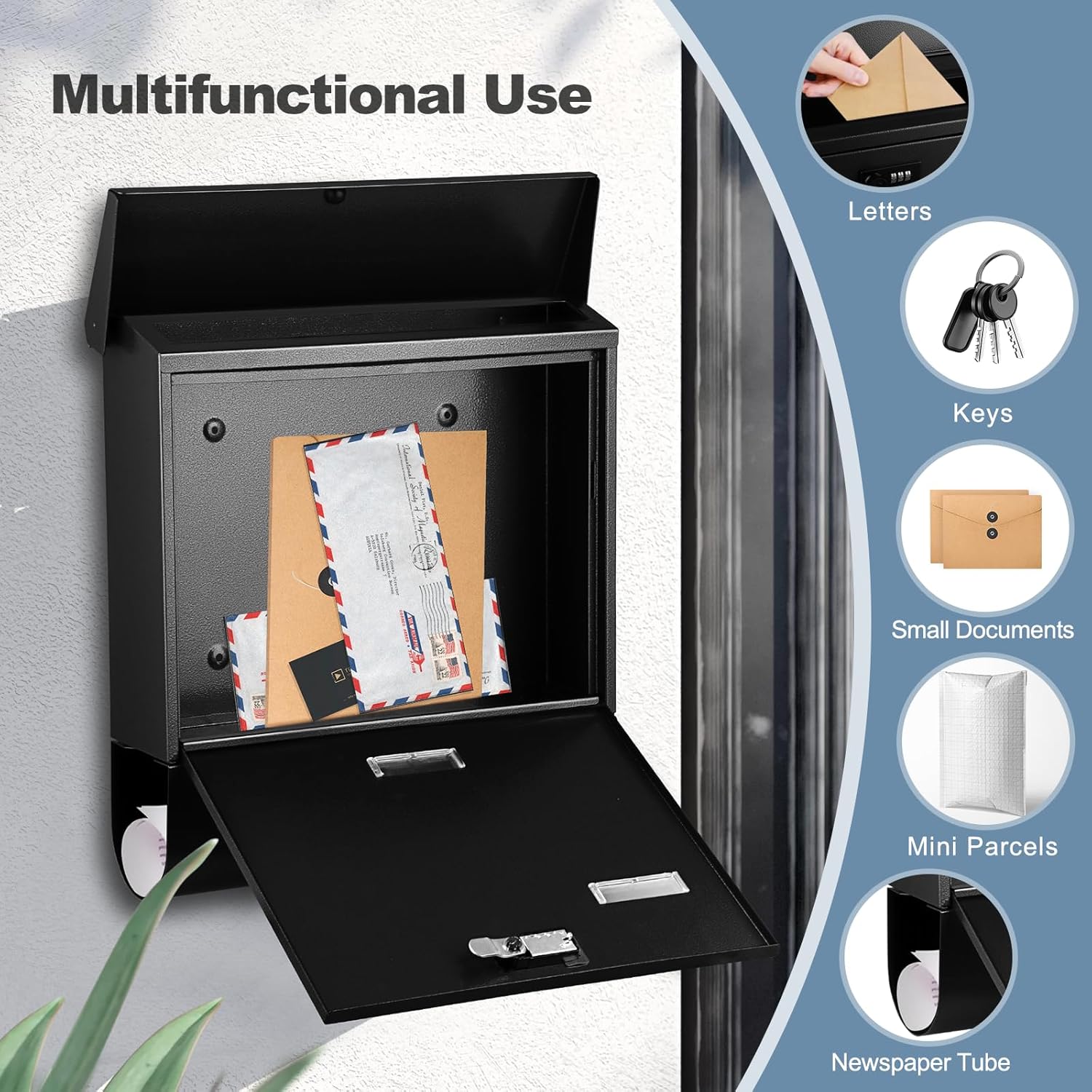 KINGCEPHAS Wall-Mounted Mailbox with Combination Lock,Newspaper Holder, Large Capacity, Waterproof Postbox with Newspaper Compartment, High Rust Resistance Letterbox,Mailboxes for Outside (Black)