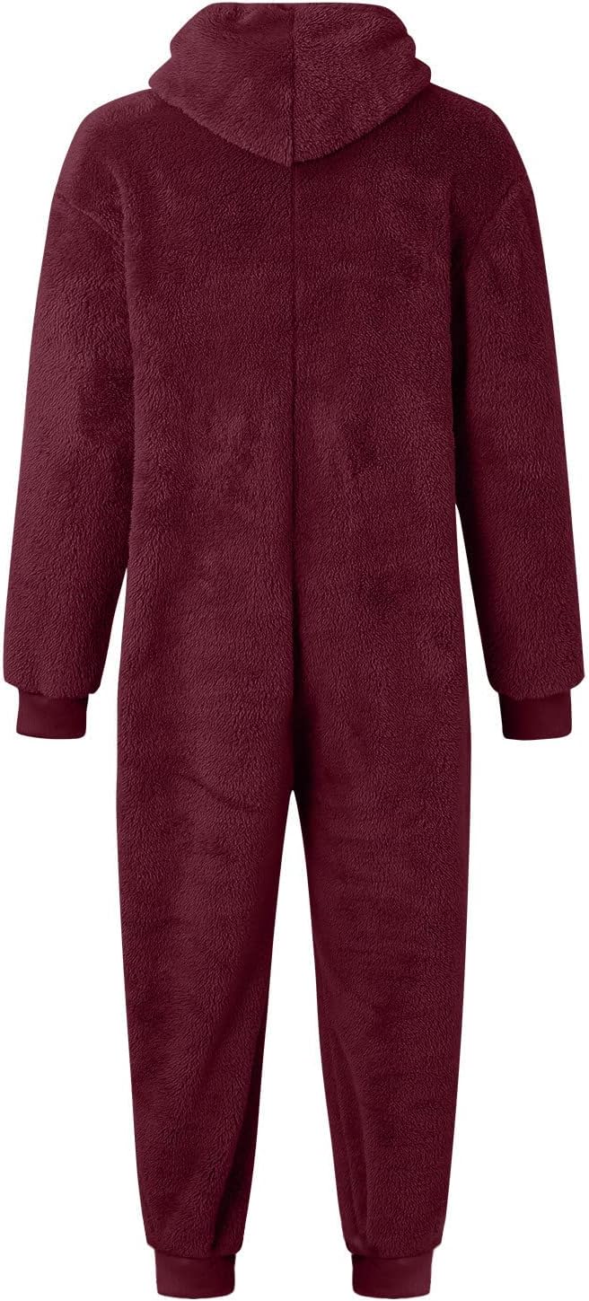 Mens Fuzzy Fleece Hooded Jumpsuits Plush Onesie Pajamas Long Sleeve Zip Up One Piece Rompers Sleepwear