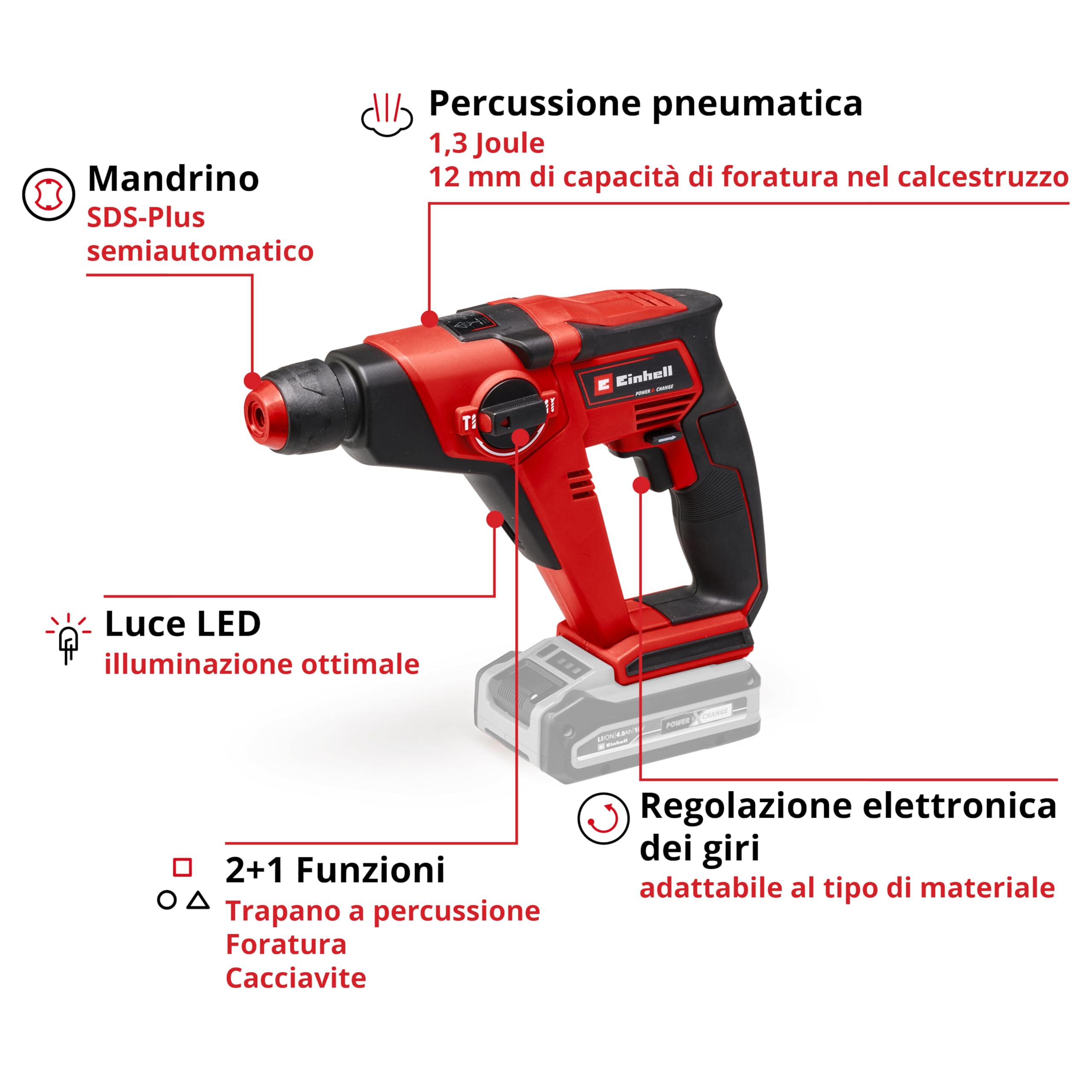 Einhell tassellatore a batteria TE-HD 18/12 Li - Solo Power X-Change (Bit Adapter incluso nella dotazione di consegna, 1,3 Joule, SDS+, 12 mm su cemento)