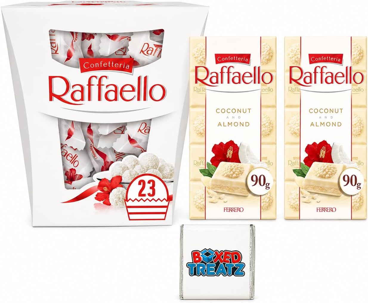 Ferrero Raffaello Chocolate Gift Bundle โ Coconut & Almond Pralines 230g + 2 White Chocolate Bars 90g, Boxed Treatz