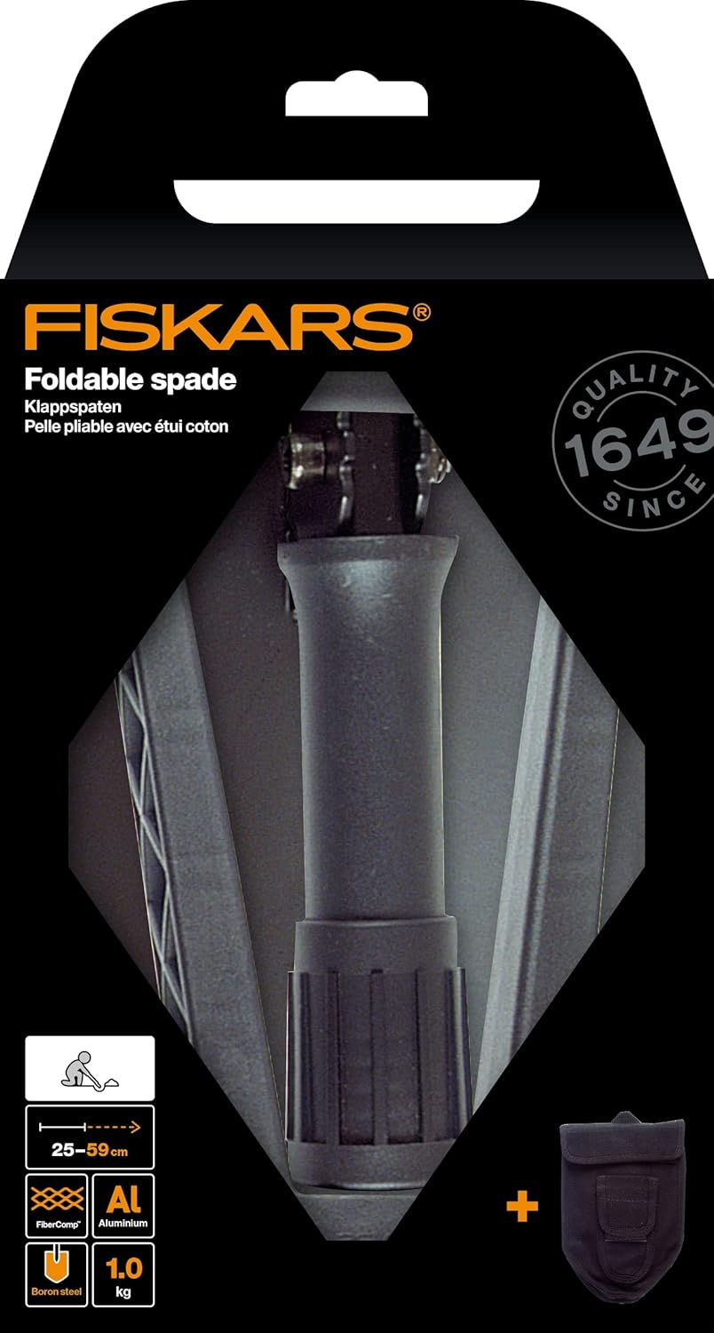 Fiskars Folding Spade for Campers and Mountaineers, Can Also be Used as Shovel and Pickaxe, with Canvas Bag, Length (Unfolded): 59 cm, Hardened Boron Steel, Black, 1000621