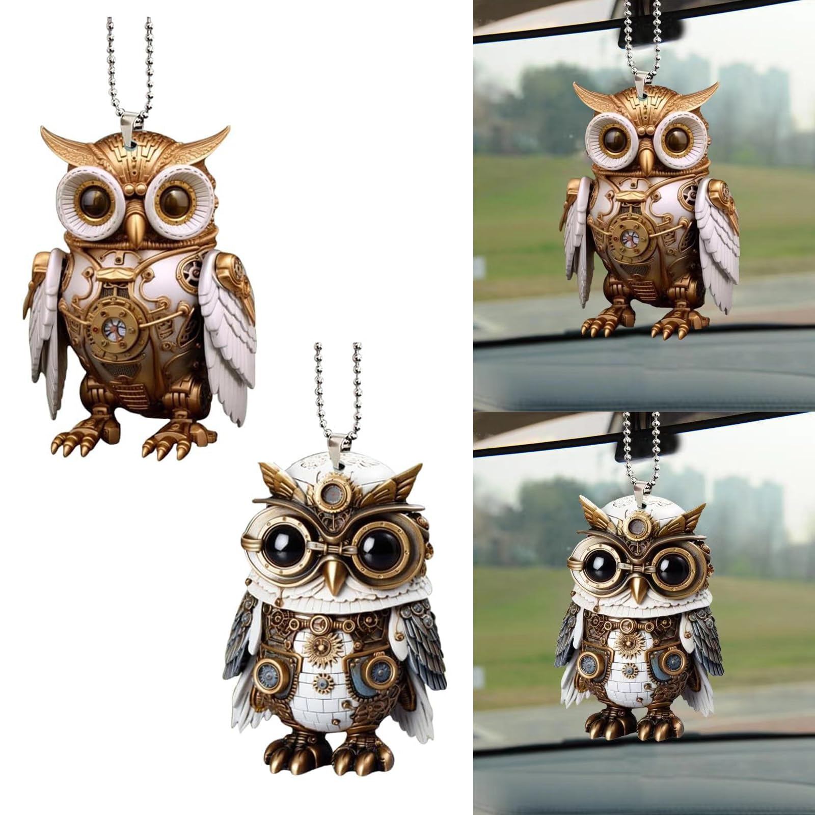 Zurligi 2-Piece Car Rear View Mirror Owl Ornament, Swinging Mirror Hanging Car Interior Decor, Acrylic Flat Hanging Decorations for Car Rear View Mirror, Unique Auto Accessories for Car Interiors