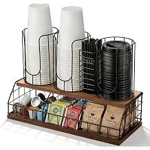 Geelin 18oz Adjustable Coffee Cup Dispenser with Wooden Base, Cup Holder Organizer for Storing Paper Cups, Straws, Lids and Other Tableware4-compartment Double,Color 1