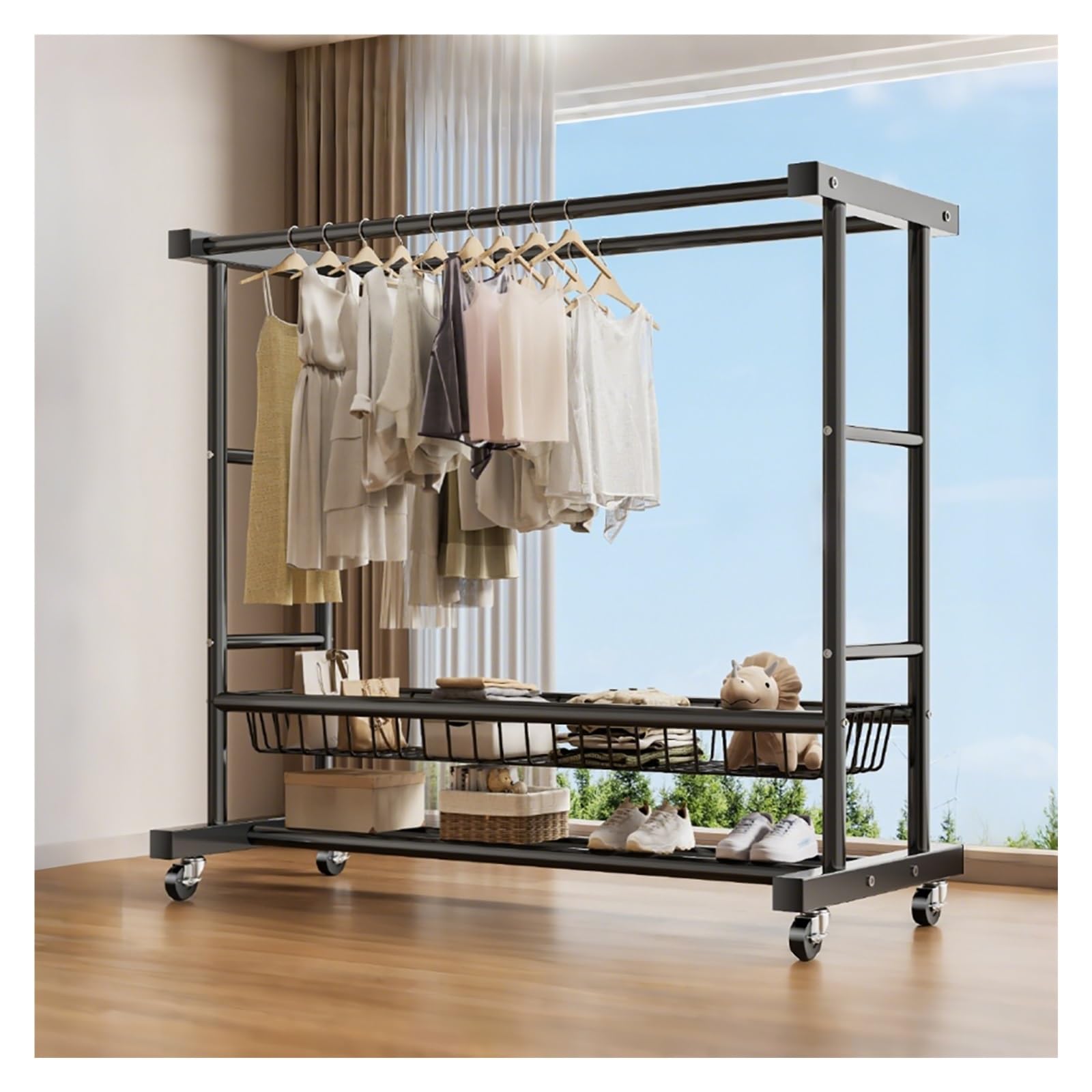 Lshtshf-ou Heavy Duty Clothes Rack With Wheels Double Rods Clothing Racks Portable Garment Freestanding Wardrobe Storage(Black,120cm/47.2in)
