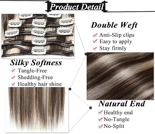 Miniatura 9 de S-noilite Extensiones de cabello humano con pinzas, balayage, grueso, doble trama, 100% cabello humano real, cabeza completa, 8 piezas, 18 clips,