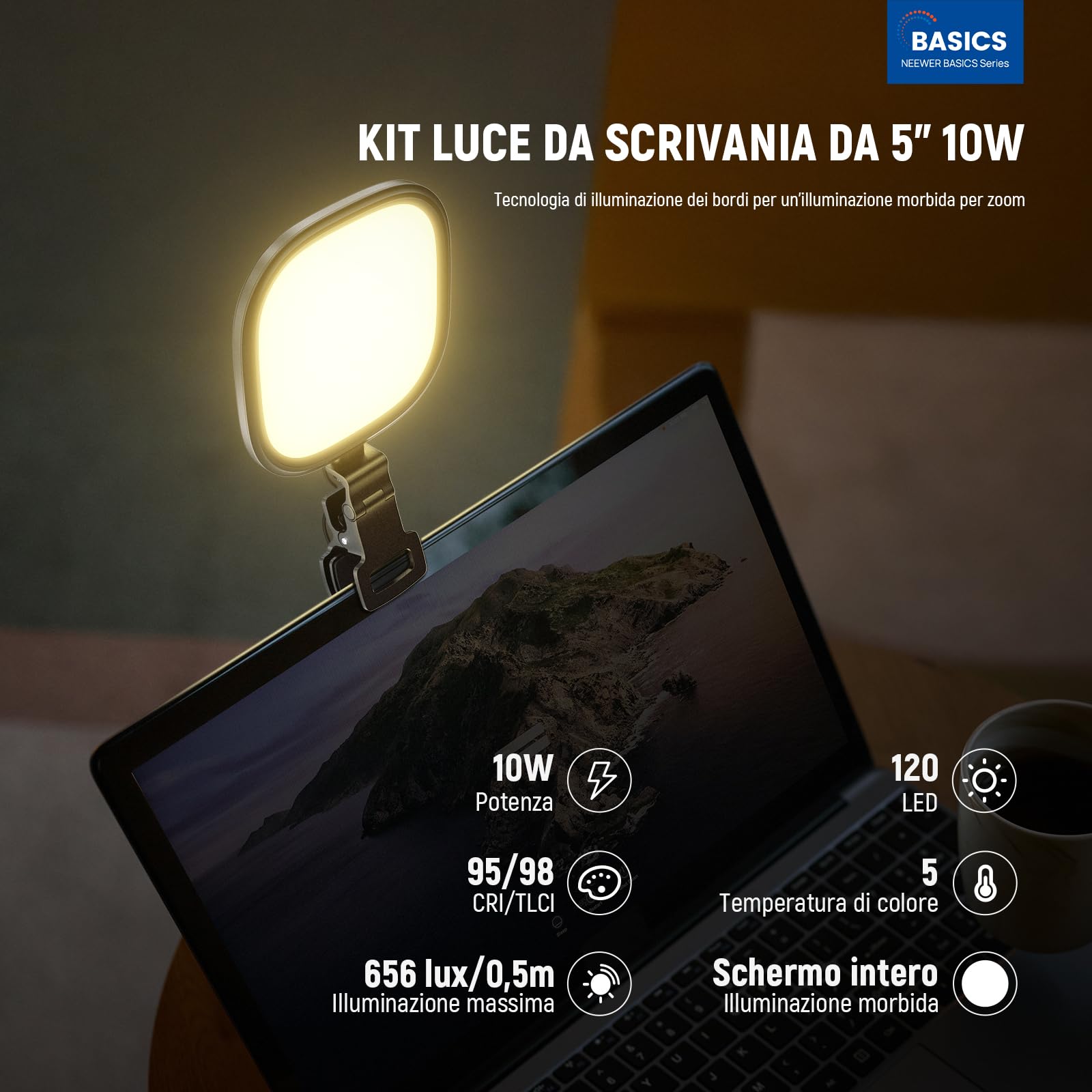 NEEWER Basics Luce Streaming LED da 10W 5”, Lampada da Scrivania USB a Schermo Intero Edge Lit con Clip Bicolore CRI95 per Monitor Laptop Computer Webcam Videoconferenza Zoom Call Registrazione, NL10
