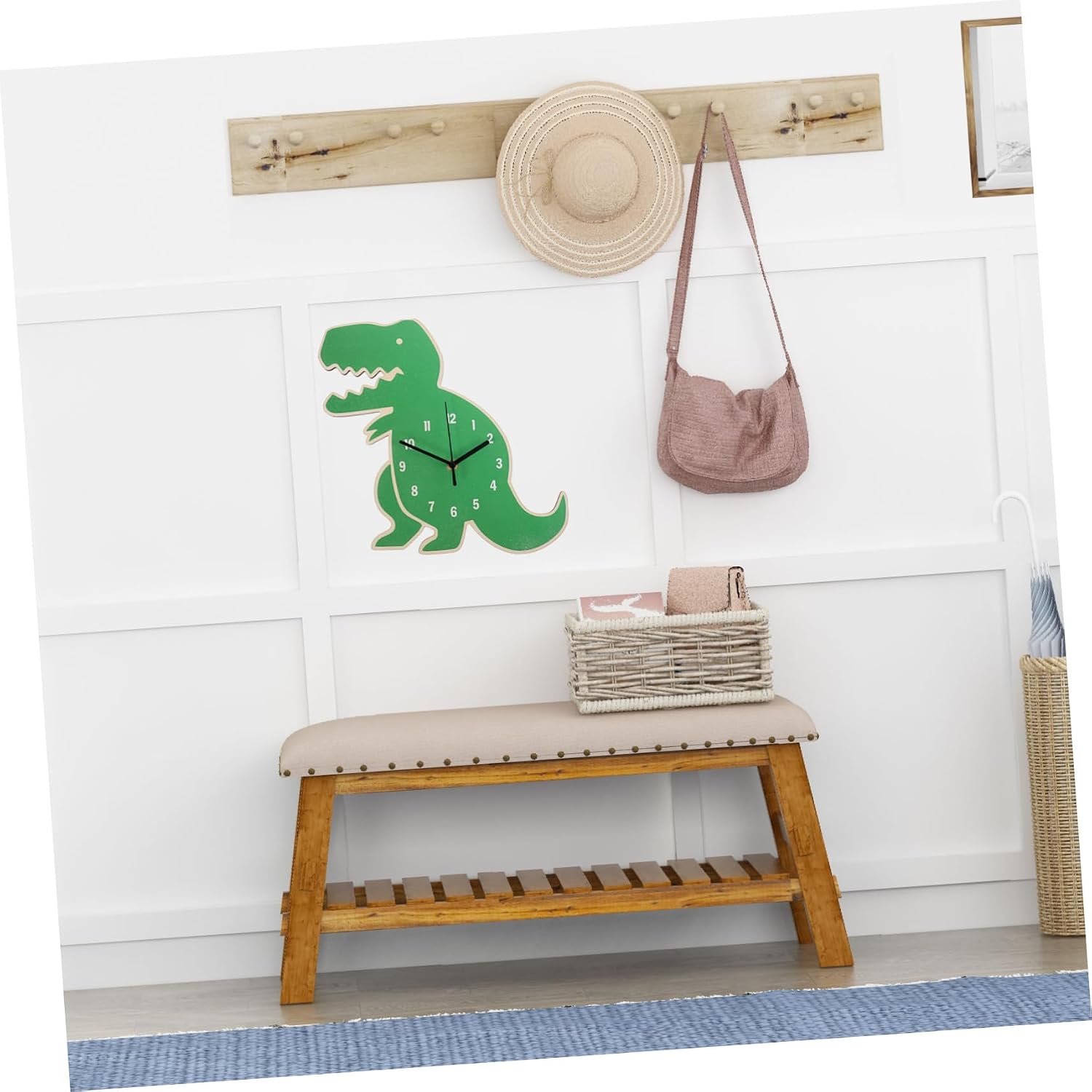PRETYZOOM Creative Cartoon Dinosaur Wall Clock Fun Silent Teaching Decor for Boys and Girls Rooms Green Basswood Design for Bedrooms and Playrooms