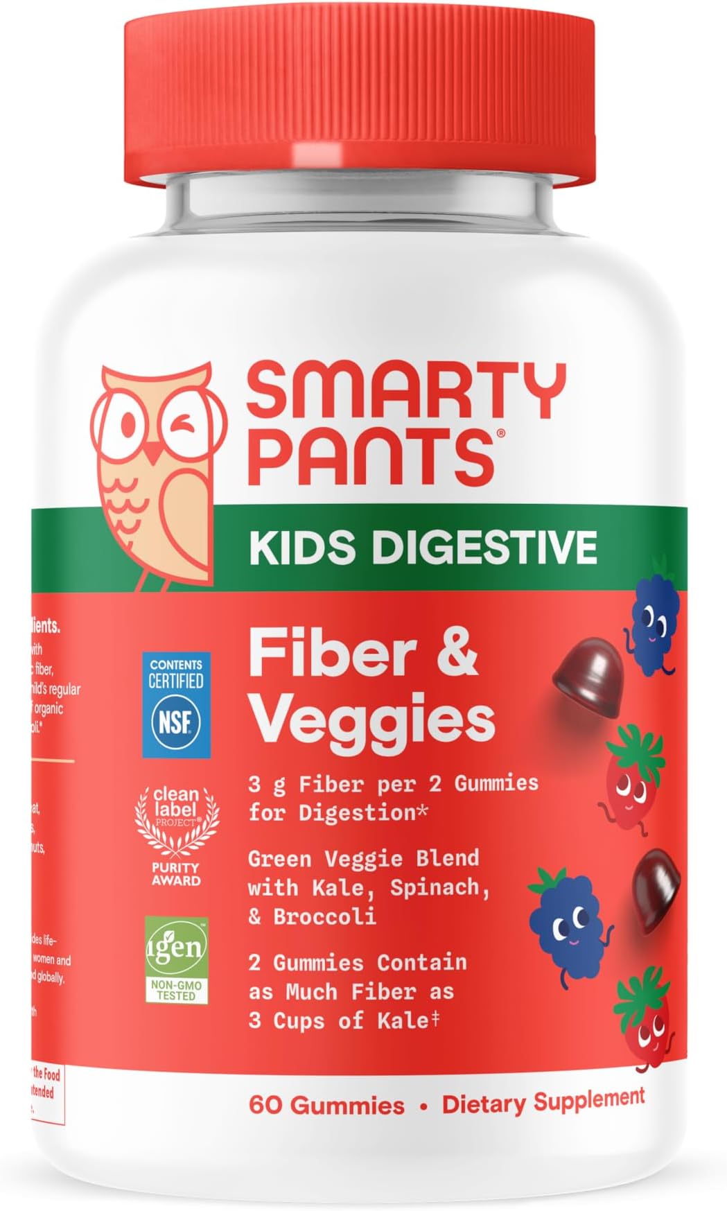 SmartyPantsKids Fiber & Veggies: Prebiotic Fiber Gummies for Kids, Fiber Supplement with Inulin, Organic Green Veggie Blend, Vegan, Gluten Free, Mixed Berry Flavor, 60 Count (30 Day Supply)