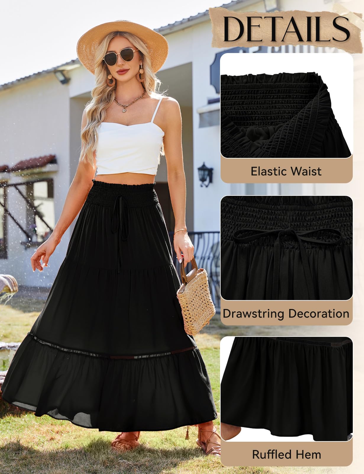 HEEKPEK Gonna Donna Estivi Elastico a Vita Alta Gonna A-Line Pieghettato Gonna Elegante Casual Cravatta Frontale Maxi Lunga Gonna con Coulisse