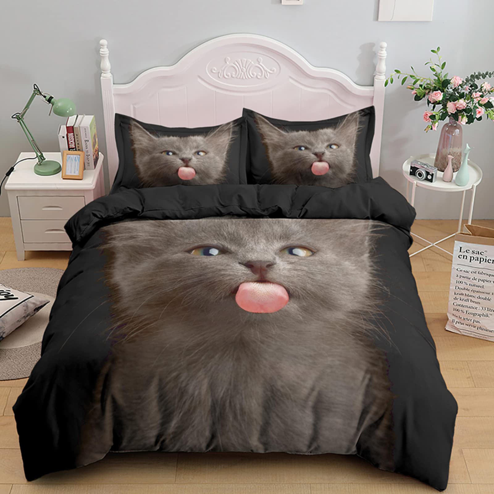 Housse de couette 160x200 anti-glisse en microfibre grise avec fermeture éclair pratique