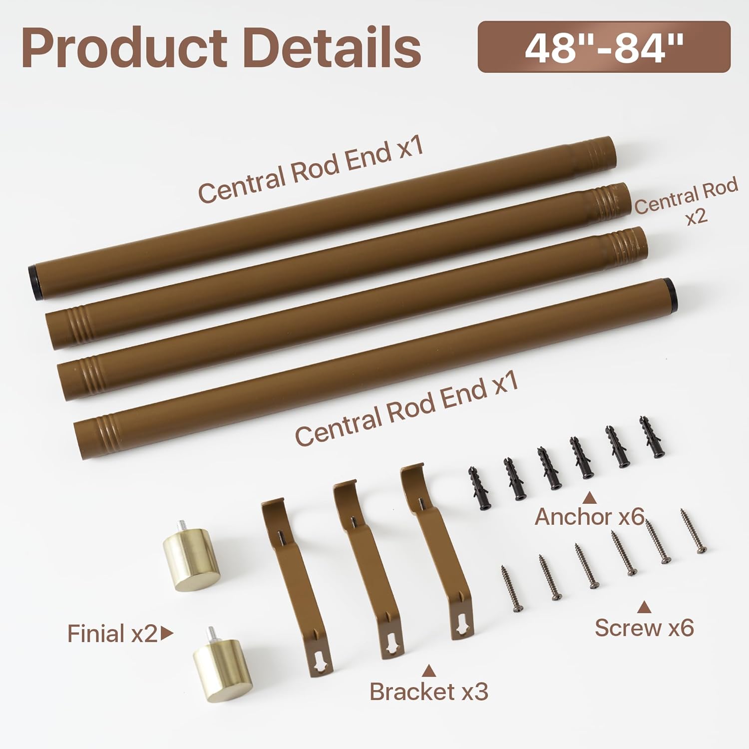 NICETOWN Adjustable Brown Metal Curtain Rod, Extendable Drapery Rod for Living Room Bedroom, Modern Matte Brown Finish with Electroplated Gold Cylinder Finials, for Apartment, Loft, 48-84 Inches