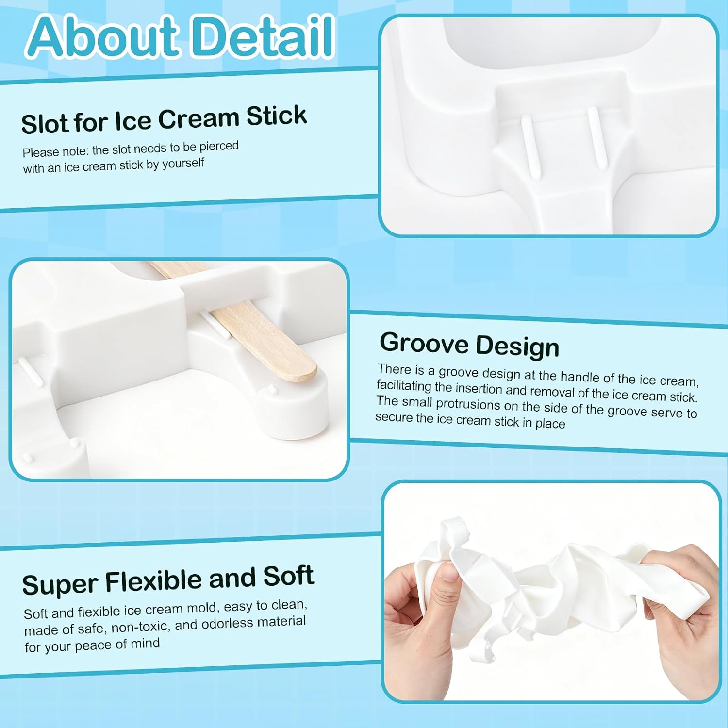 3 Set Small Silicone Popsicle Molds Ice Cream Mould 4 Cavity Ice Lolly Mold White Oval Cake Pop Mould with 150 Pieces Wooden Sticks for DIY Cream Popsicle Cake