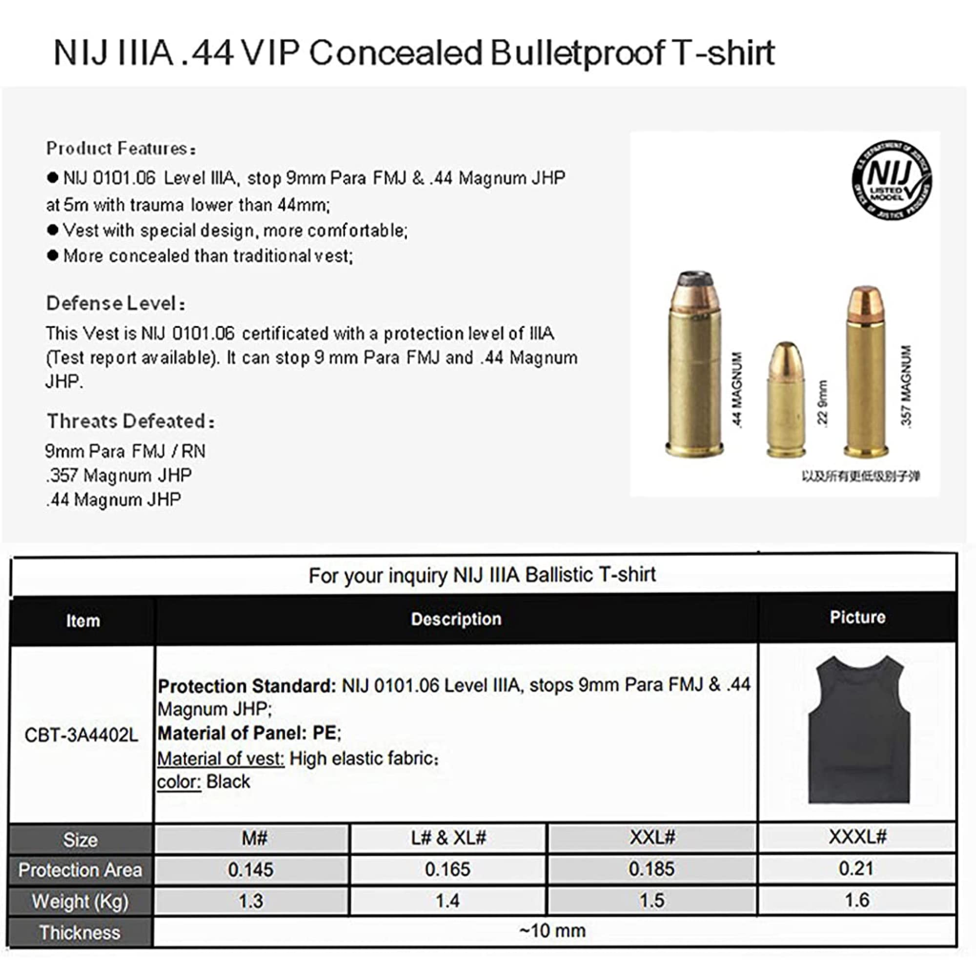 Chaleco a Prueba de Balas Ejecutivo Discreto ocultable Nivel IIIA Camiseta Suave antibalas Ropa de Trabajo para protección de Seguridad Personal