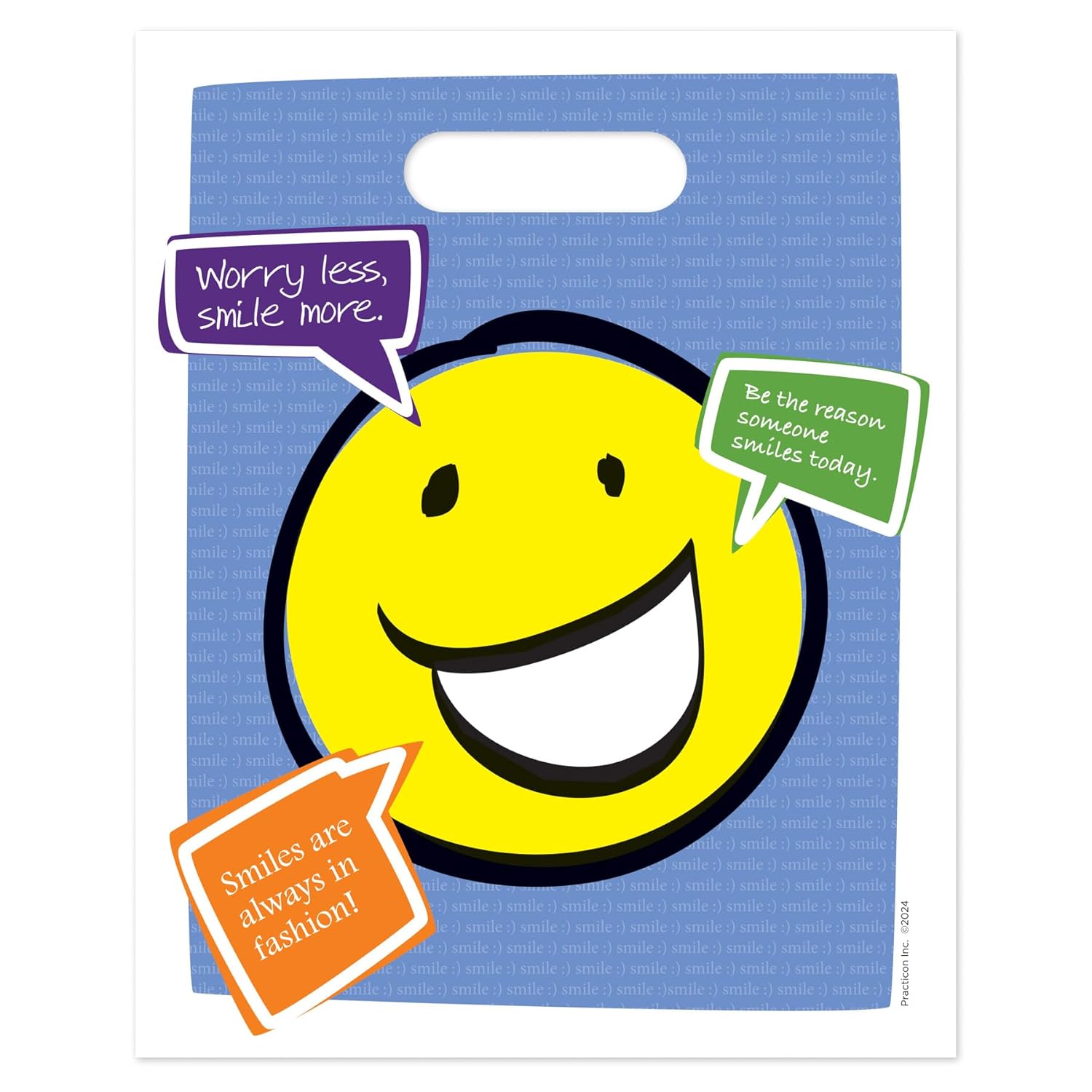 Practicon Worry Less Smile More 8" x 10" Dental Giveaway Bag, Dental Hygiene Patient Care Goodie Bag, Dentist Office Plastic Gift Bags, 100 Pack