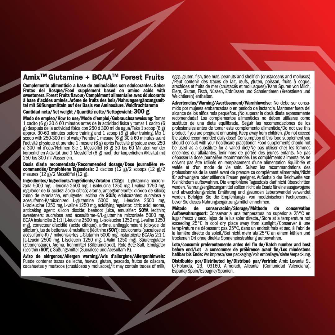 AMIX BCAA Glutamina - Réduit le Catabolisme Musculaire et Facilite la Récupération Post-formation - Idéale pour les Athlètes - Fruits de la Forêt - 300 gr
