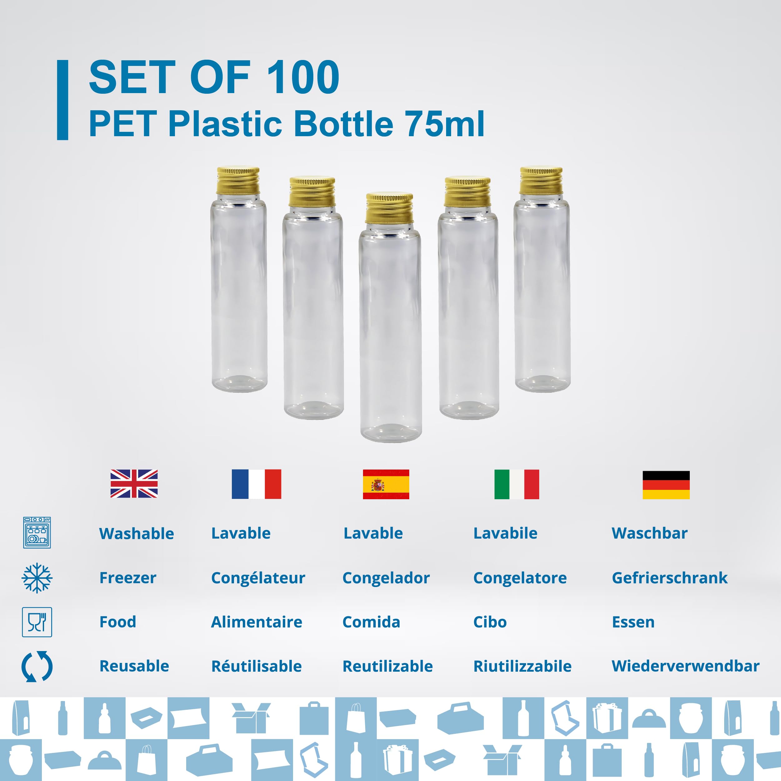 Pack de 100 botellas de plástico de 75 ml com Tampa Dourada – Botella Sensorial vacía, tubo de ensayo, mini frasco de cristal, caramelos, fiestas, especias, boda