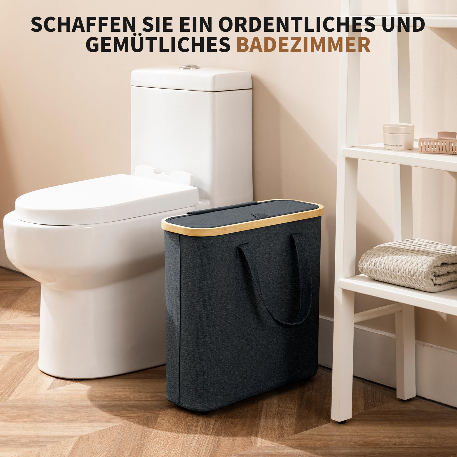 30L Toilettenpapier Aufbewahrungskorb, Klopapier Aufbewahrung Box aus Bambus, Faltbarer Badezimmer Organizer für 12-16 WC Rollen, mit Griffen, für Bad und Haushalt Dunkelgrau