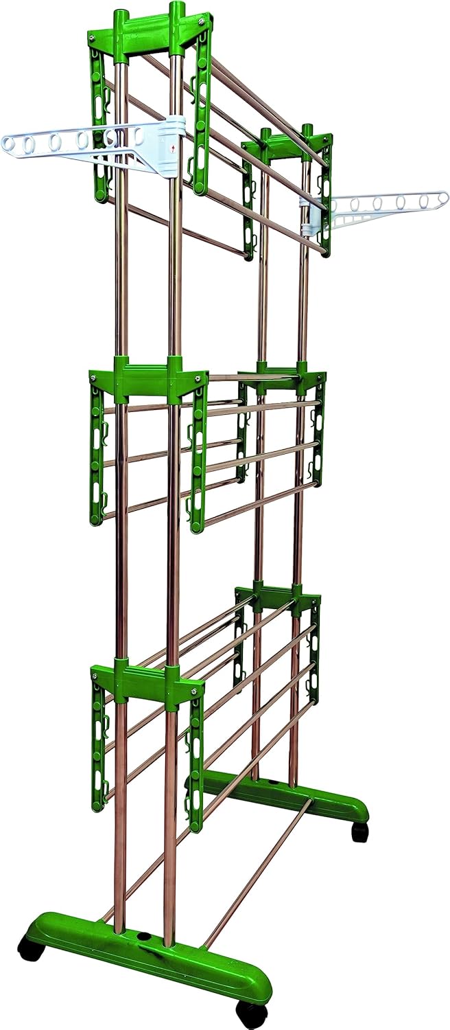 Mega stand Portable Premium Clothes Stand for Drying with Wheels | 3-Layer Rack for Balcony | Foldable Wings | 24 Hanger Rods | Anti-Rust Steel Metal | Green offers donot miss
