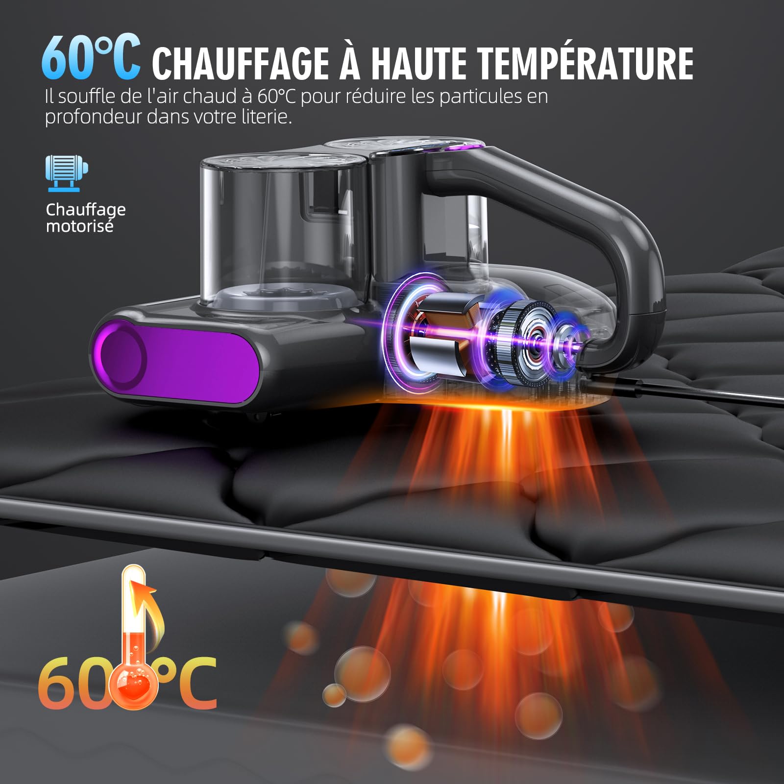 Aspirateur Anti Acariens Matelas avec Lumière UV-C de 253,7nm Aspirateur Lit 16Kpa Aspiration Ultrasons Chauffage Filtre HEPA Brosse Rotative Élimine des Allergènes 500W