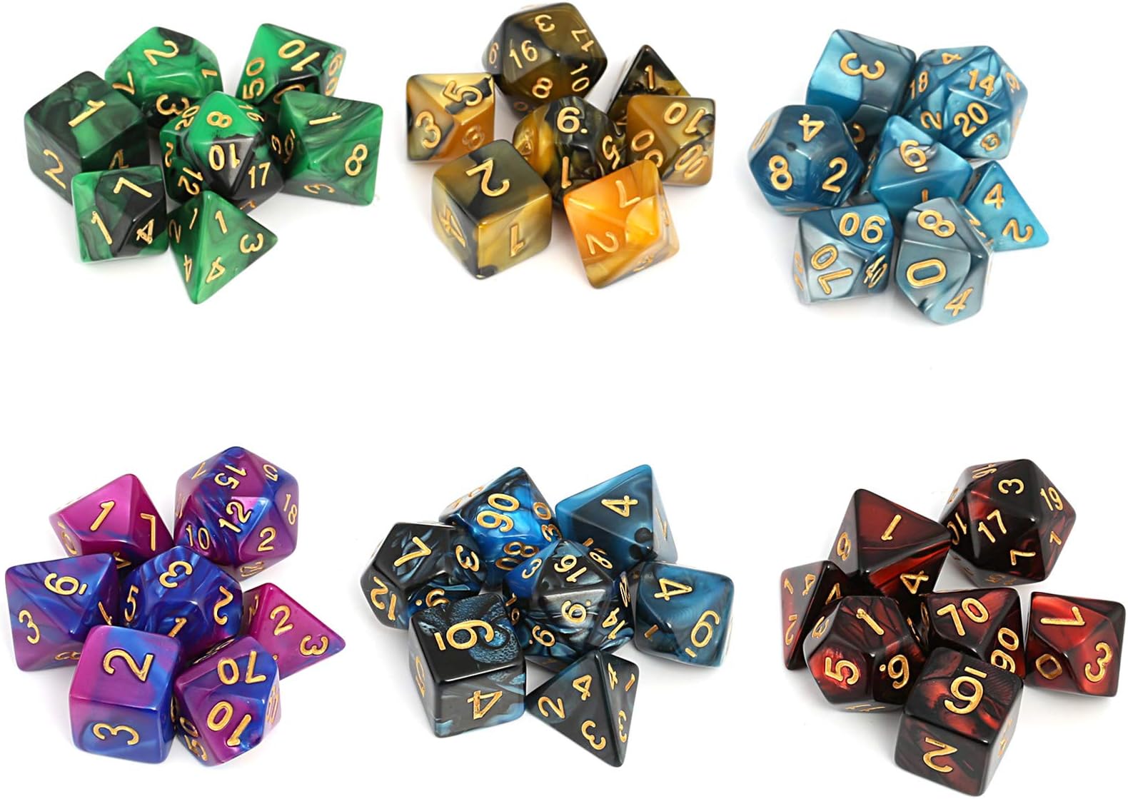 Moncolis 6x 7 Polyhedral Dice for Dungeons and Dragons DND RPG MTG Table Games, Dual Color - Golden Number