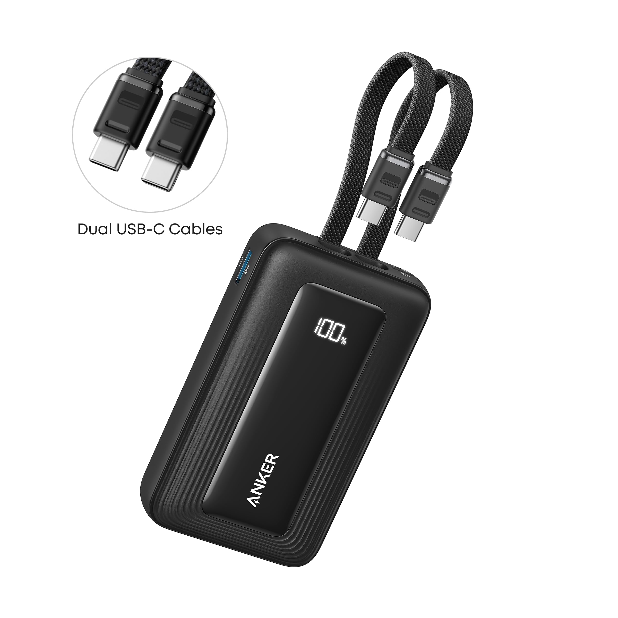 Anker Zolo Power Bank, doppio cavo USB-C integrato, 10000 mAh, 35 W, ricarica rapida, compatto e portatile, compatibile con iPhone 16/15, Samsung Galaxy, Google Pixel e altri (nero)