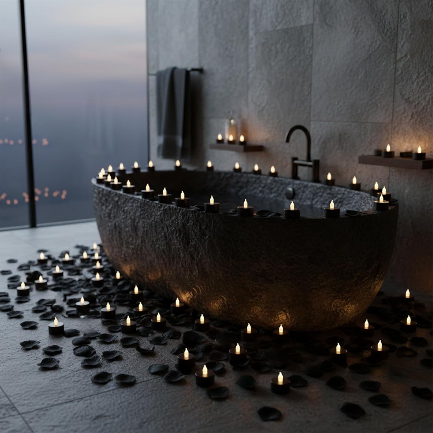 500Pcs Rose Petals with 12 LED Tea Lights Candles Set, Black Artificial Rose Petals and Flameless Candles Set for Anniversary, Valentine's Day, Wedding Decor (Black Candles-White Light)