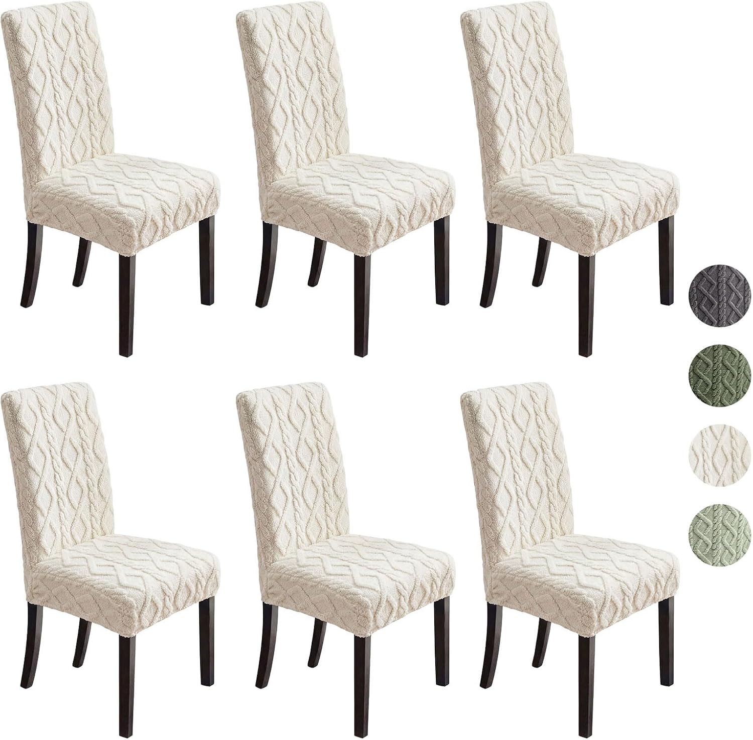 Moukeren 6 Pcs Decorative Stretch Jacquard Dining Chair Cover Dustproof Boho Faux Fur Chair Cover Removable Washable Slipcover Protector for Bedroom, Living Room, Kitchen, Hotel, Banquet (Light Beige)